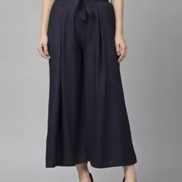 KASSUALLY Navy Cotton Relaxed Fit Mid Rise Trousers-image-6