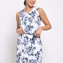 KLOTTHE Women White & Blue Printed A-Line Dress-image-54
