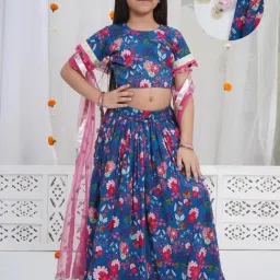 Little Bansi Girls Royal Blue Cotton Printed Lehenga Set-picture-30