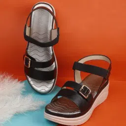 Iconics Women's Black Ankle Strap Wedges-picture-15