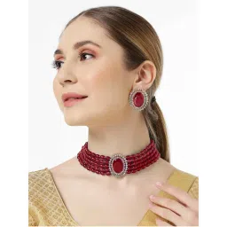 OOMPH Maroon Beads Multi Layer Ethnic Choker Necklace with Stud Earrings-picture-23