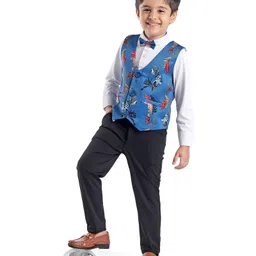 Babyhug Woven Full Sleeves Shirt & Trousers With Printed Waistcoat & Bow - Dark Blue-picture-26