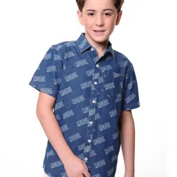 Pine Kids Marvel Denim Half Sleeves Shirt Text Print - Blue-picture-16