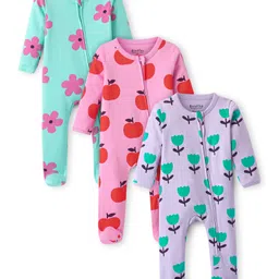 Bonfino 100% Cotton Knit Full Sleeves  Footed Sleep Suits with Floral & Apple Print Pack of 3 - Lavender Pink & Green-picture-29