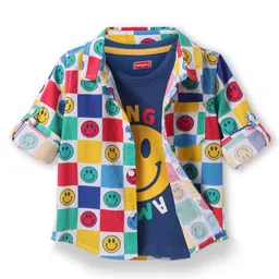 Babyhug Cotton Knit Full Sleeves Smiley Printed Shirt with T-Shirt - Navy Blue White & Yellow-picture-19