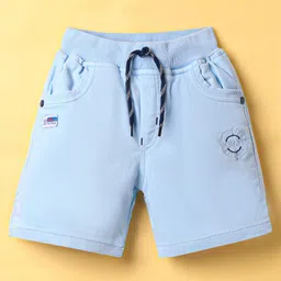 Olio Kids Cotton Knit Above Knee Length Shorts with Brand Name Embroidery & Patch - Light Blue-picture-14