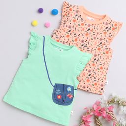 BUMZEE Cotton Knit Frill Sleeves Tops with Butterfly & Floral Print Pack Of 2- Green & Peach-picture-39