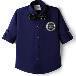 Dapper Dudes Cotton Full Sleeves Boy Text Patch Detailed Shirt With Bow - Navy Blue-picture-23