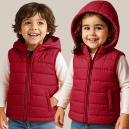 Babyhug Woven Sleeveless Solid Color Padded Hooded Jacket - Red-picture-21
