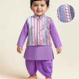 EARTHY TOUCH Woven Full Sleeves Kurta Dhoti & Jacket Set With Sequin Detailing & Embroidery - Purple-picture-38