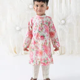 Tiber Taber Viscose Woven Full Sleeves Floral Printed Kurta Pyjama Set - Cream-picture-22