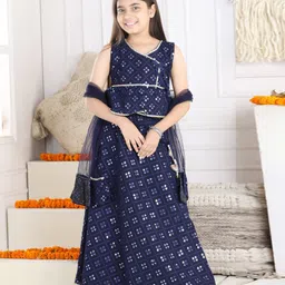 Cutiekins Georgette Woven Sleeveless Mirror Work Detailed & Gota Lace Embellished Lehenga Choli With Dupatta Set - Navy Blue & Silver-picture-11