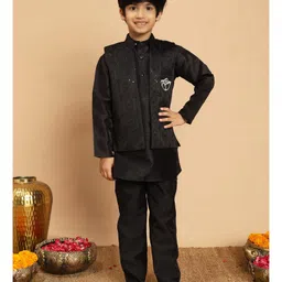 BT DEZINES Cotton Silk Woven Solid Kurta & Pyjama Set With Floral Embroidered Sequins Embellished Jacket - Black image 1