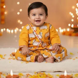 BownBee Cotton Woven Full Sleeves Cows Printed Lace Embellished Kurta Dhoti With Jacket Set - Yellow image 1