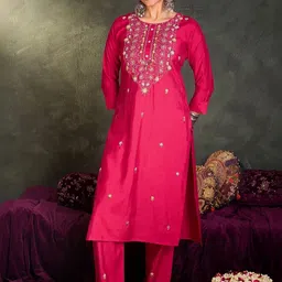 Indo Era Women Ethnic Motifs Embroidered Regular Thread Work Kurta with Trousers & With Dupatta image 2