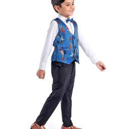 Babyhug Woven Full Sleeves Shirt & Trousers With Printed Waistcoat & Bow - Dark Blue image 2