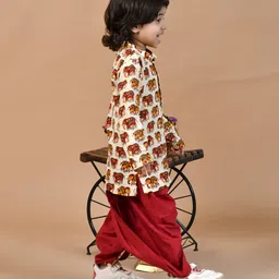 MoMaa Pure Cotton Full Sleeves Elephants Printed Dhoti Kurta Set - Cream & Maroon image 4