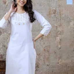 AUZAAI COLLECTION Pack Of 2 Embroidered Round Neck Thread Work Pure Cotton Straight Kurta-picture-20
