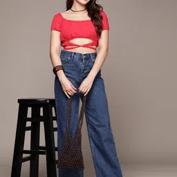 Label Ritu Kumar Puff Sleeve Smocked Georgette Crop Top image 5