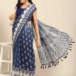 Silk Land Blue Cotton Floral Print Saree With Unstitched Blouse-picture-24