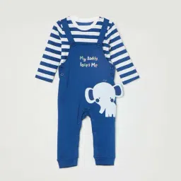 Juniors by Lifestyle Kids Navy & White Cotton Striped Full Sleeves Dungaree Set-picture-19