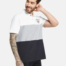 Octave White Cotton Regular Fit Colour Block Polo T-Shirt image 4