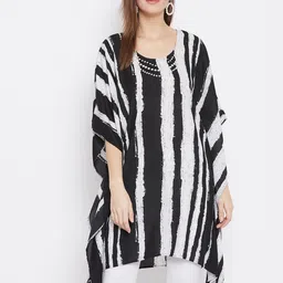 Ruhaans Black & White Striped Georgette Kaftan Longline Top image 1