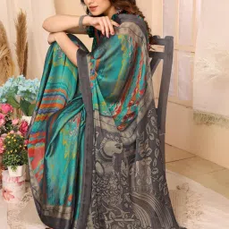 FABMORA Green & Grey Printed Saree With Unstitched Blouse image 4