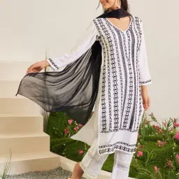 House Of Kari Samma Chikankari Long Kurta in Rayon Cotton for Women- White With Black-picture-18
