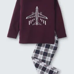 Nite Flite Kids Maroon & Navy Cotton Printed Full Sleeves T-Shirt Set-image-96