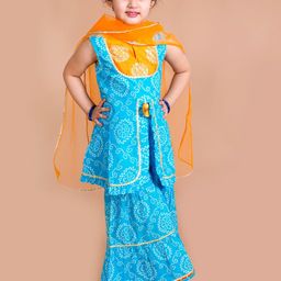 pspeaches Girls Blue Bandhani Printed Panelled Gotta Patti Pure Cotton Kurti with Sharara & With Dupatta-picture-33