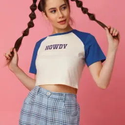 zink Z White & Blue Cotton Printed Crop T-Shirt-image-79