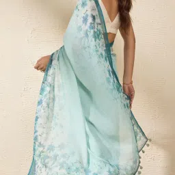 Taneira Blue Linen Printed Saree With Unstitched Blouse image 4