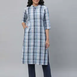 Aurelia Blue Cotton Chequered Straight Kurta-picture-36