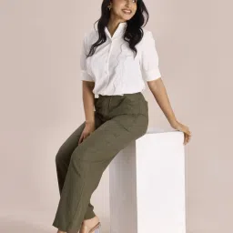 Go Colors! Green Linen Mid Rise Flared Pants image 4