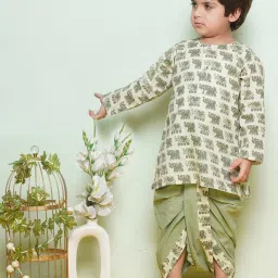 AJ Dezines Kids Green & White Printed Full Sleeves Kurta with Dhoti image 4