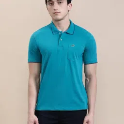 Crocodile Teal Cotton Solid Slim Fit Polo T-Shirt-image-3