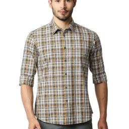 Basics Yellow & Blue Cotton Slim Fit Checks Shirt-picture-0