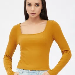 Harpa Women Mustard Yellow Solid Fitted Crop Top-image-95