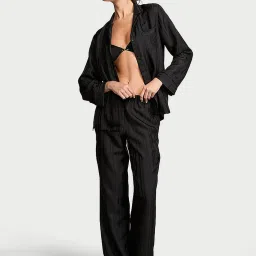 victoria's secret intimates Victoria's Secret Black Glazed Stripes Satin Long Shirt and Pant-picture-16