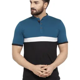 Kalt Men Half Sleeves Mandarin Collar Cotton Blend Stripe T-shirt-image-9