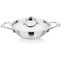 Prabha Stainless Steel Silver Prima Kadhai Flat Bottom with Lid, 20cm, 1.8L,-image-1