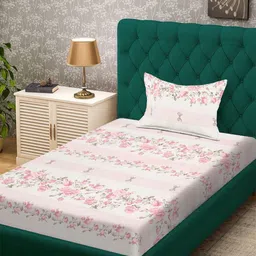 KLOTTHE White & Pink Floral Printed 300 TC Single Bedsheet With 1 Pillow Cover - 2.5mx1.5m-image-83