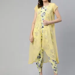 Cottinfab Yellow Floral Print Crepe Jumpsuit With Shrug-image-31