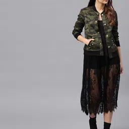 SASSAFRAS Women Olive Green & Black Printed Bomber Jacket-image-74
