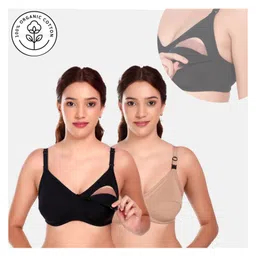 Elite Mom Pack Of 2 Solid Maternity Nursing Bra - Black & Beige-picture-26