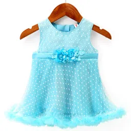 Babyhug Woven Sleeveless Swiss Dots Party Frock with Net & Floral Corsage Detailing - Light Blue-picture-23