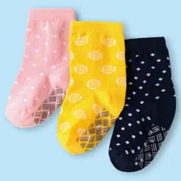 Cute Walk by Babyhug Ankle Length Antibacterial Anti Skid Socks with Stripes Polka DotsDesign Pack Of 3 - Pink Yellow & Black-picture-27