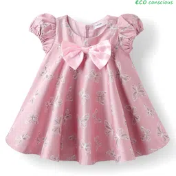 Babyoye Woven Half Sleeves Butterfly Printed Pleated Party Dress With Bow Applique - Pink-picture-10