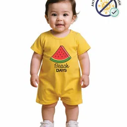 COCOON ORGANICS 100% Cotton Knit Half Sleeves Beach Days Text Printed Anti Microbial Romper - Yellow-image-28